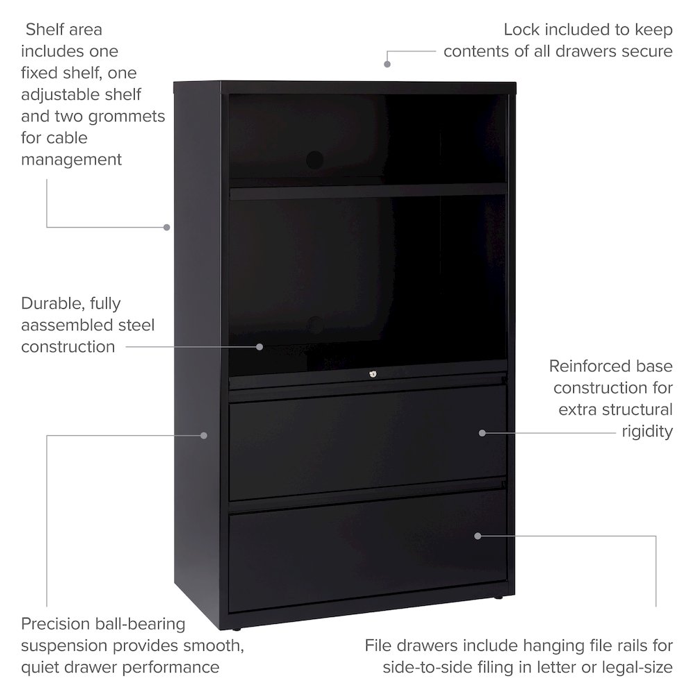 Hirsh 36 inch Wide 2 Drawer Metal Lateral Combo File Cabinet, Black. Picture 8