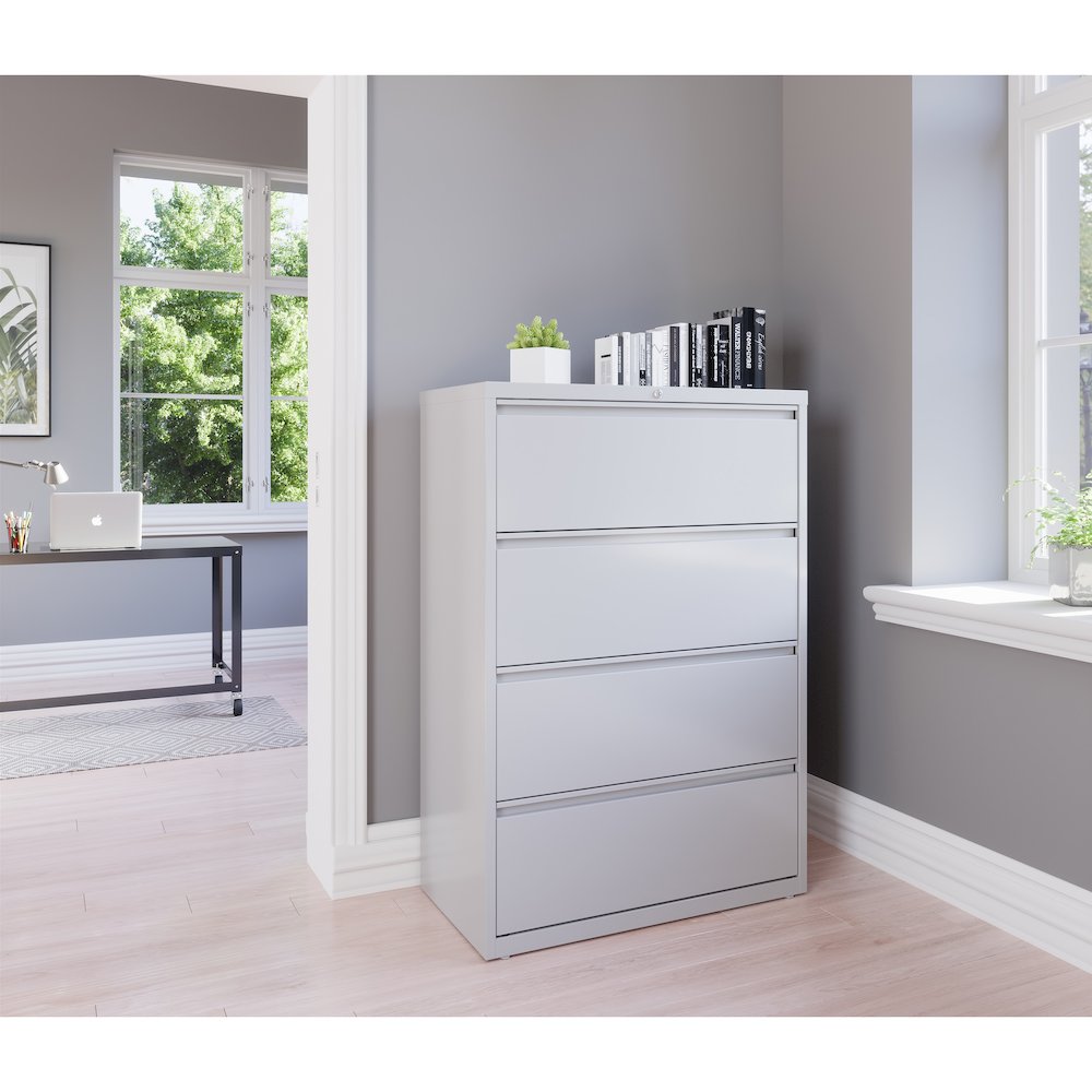 Hirsh 36 Inch Wide 4 Drawer Metal Lateral File Cabinet, Light Gray. Picture 6