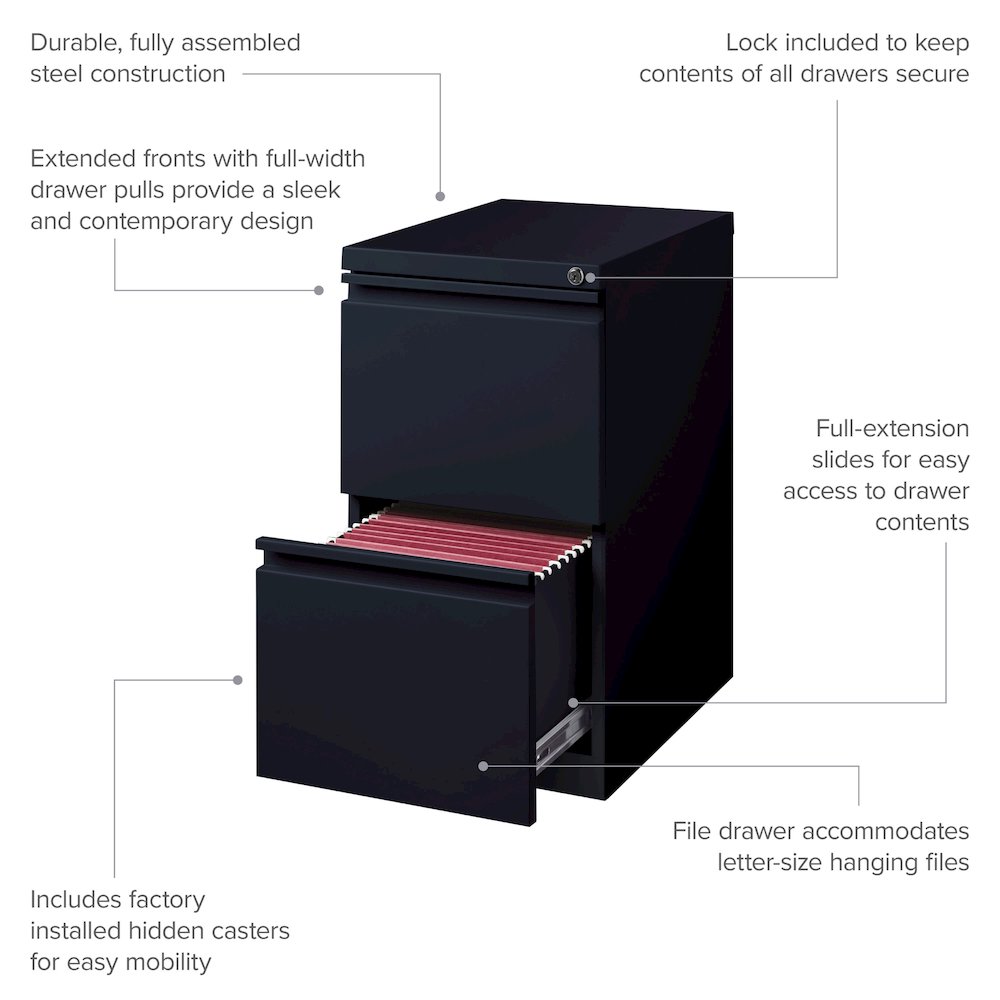 Hirsh 20" Deep Mobile Pedestal File Cabinet 2 Drawer File-File, Black. Picture 11