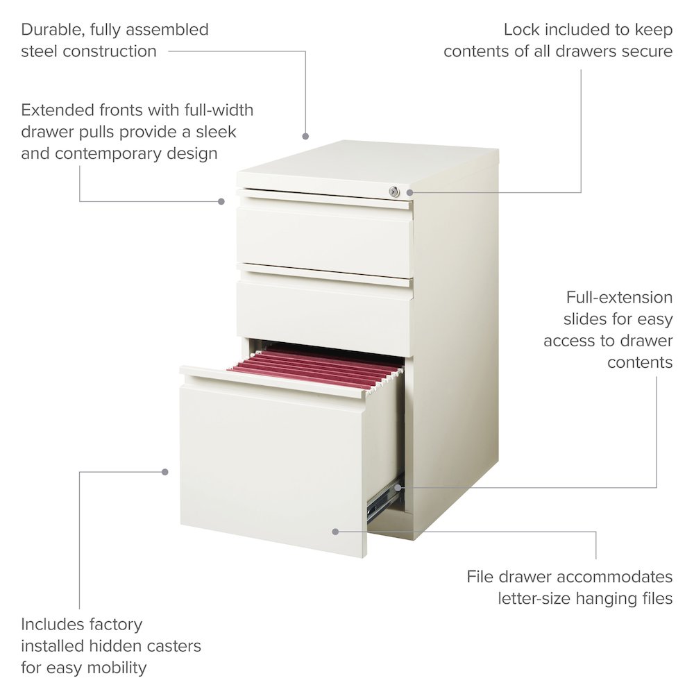 Hirsh 20" Deep Mobile Pedestal File Cabinet 3 Drawer Box-Box-File, White. Picture 10