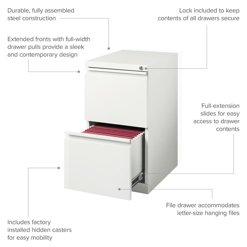 Hirsh 20" Deep Mobile Pedestal File Cabinet 2 Drawer File-File, White. Picture 13