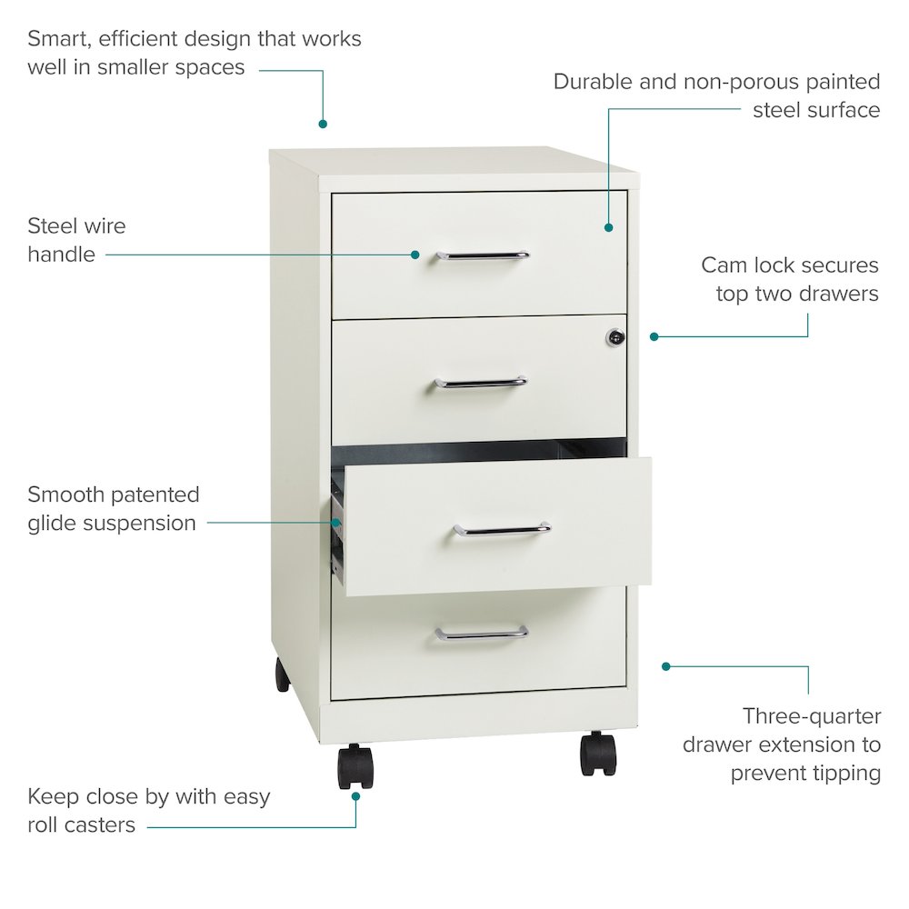 Space Solutions 18" Deep 4 Drawer Metal Mobile Organizer, Locking, Pearl White. Picture 14