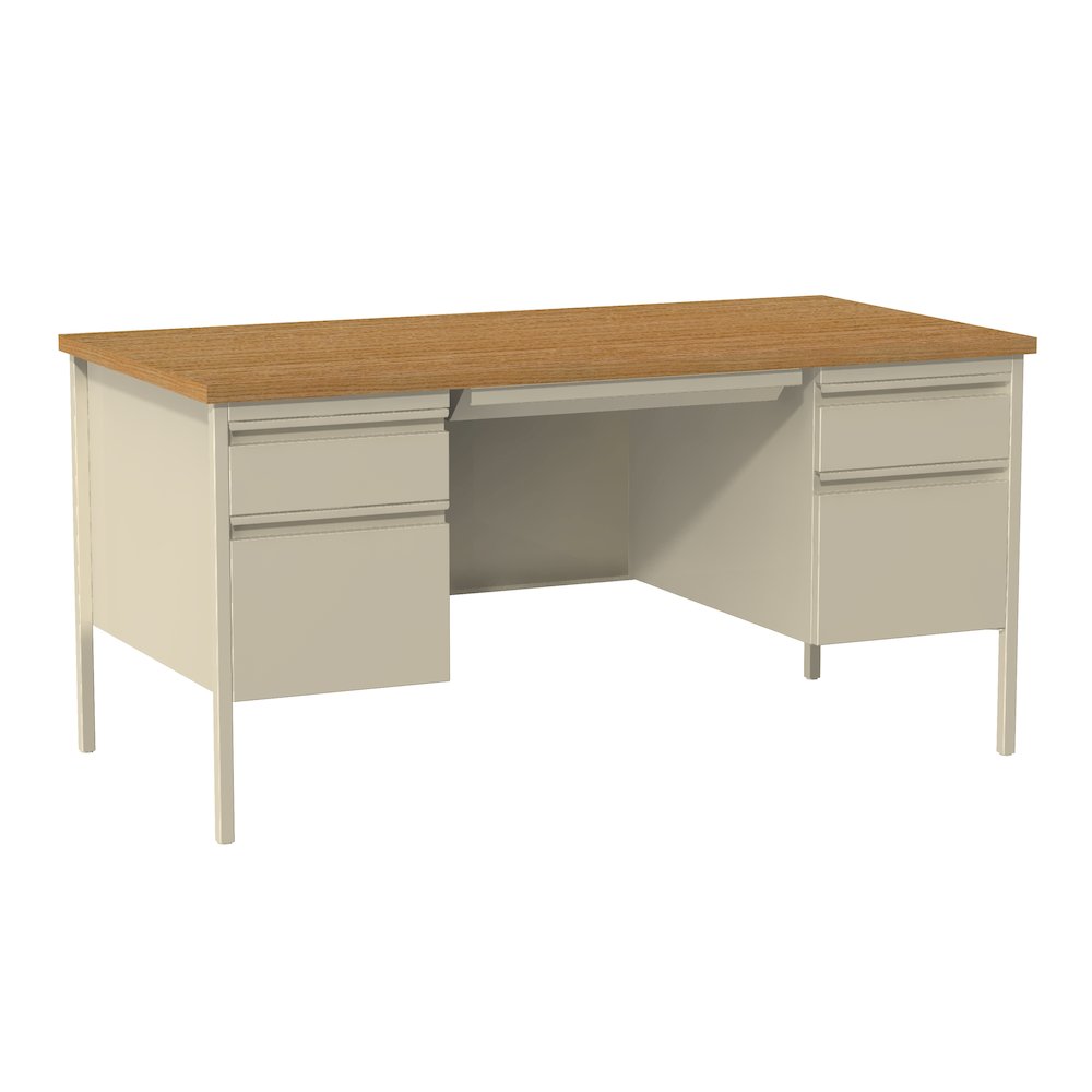 Hirsh Double Pedestal Office Desk Center Drawer 30" Dx60" W, Putty/Oak. Picture 1