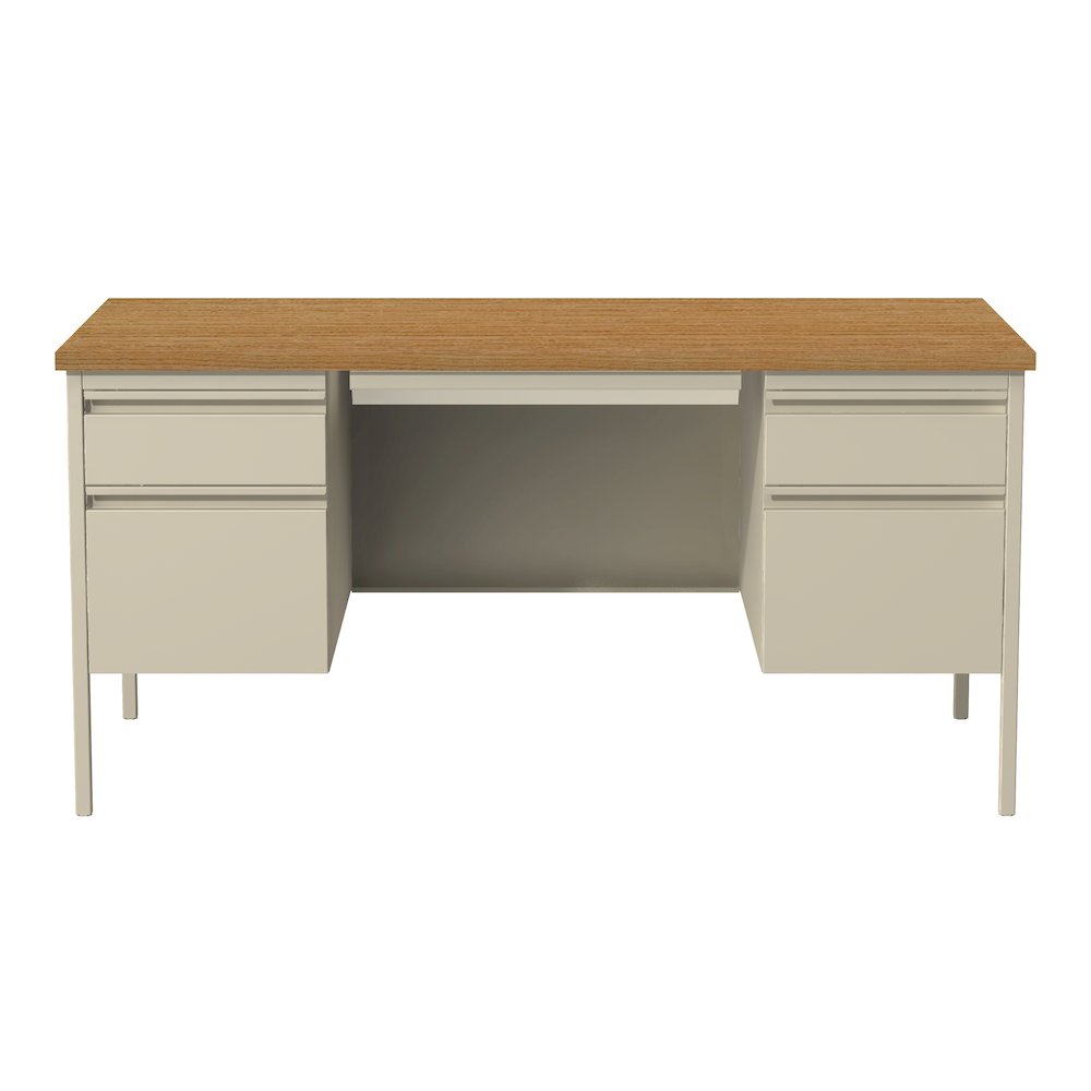 Hirsh Double Pedestal Office Desk Center Drawer 30" Dx60" W, Putty/Oak. Picture 3