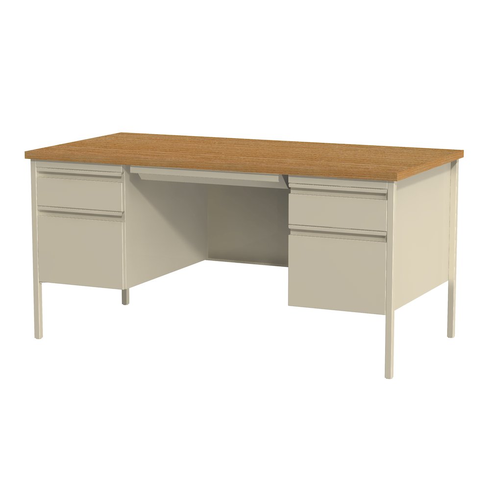Hirsh Double Pedestal Office Desk Center Drawer 30" Dx60" W, Putty/Oak. Picture 4