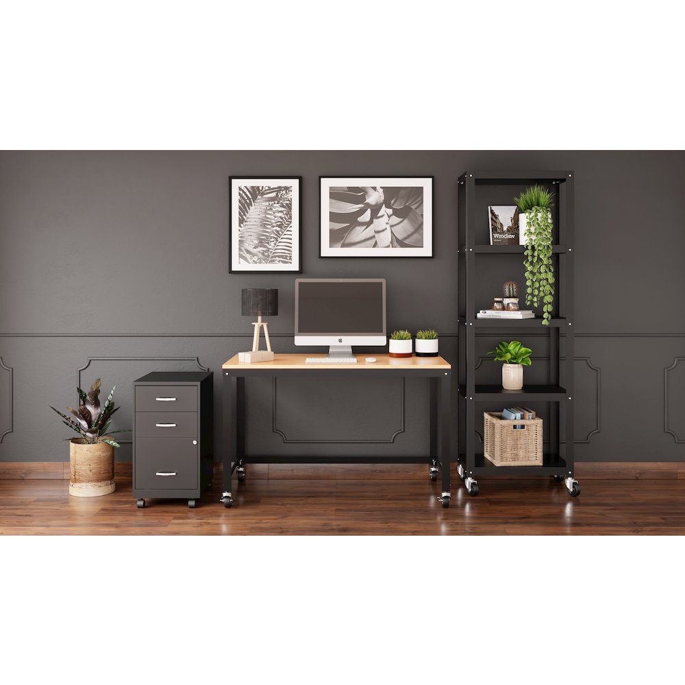 Space Solutions Ready-to-assemble 48-inch Wide Mobile Metal Desk Black/Maple. Picture 6