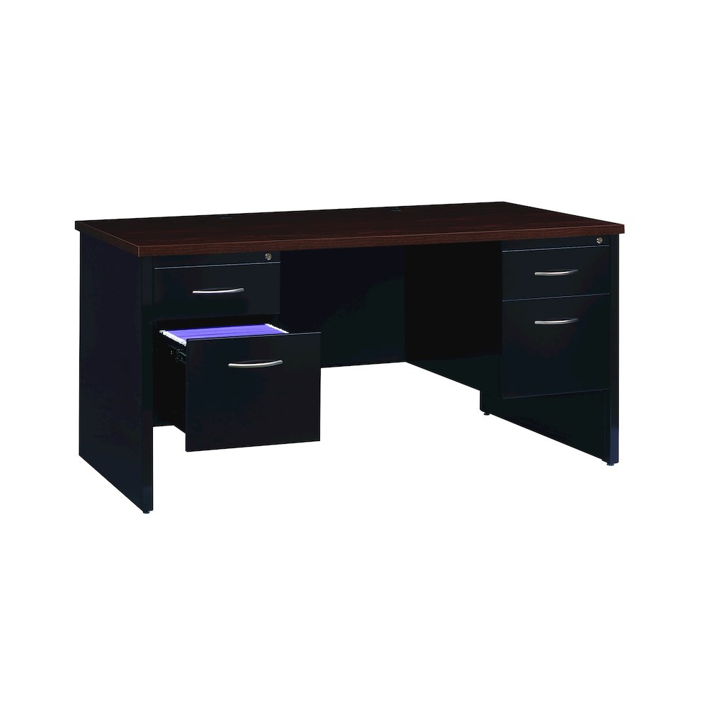 Hirsh Modular Double Pedestal File Office Desk, 30" D x 60" W, Charcoal/Mahogany. Picture 1