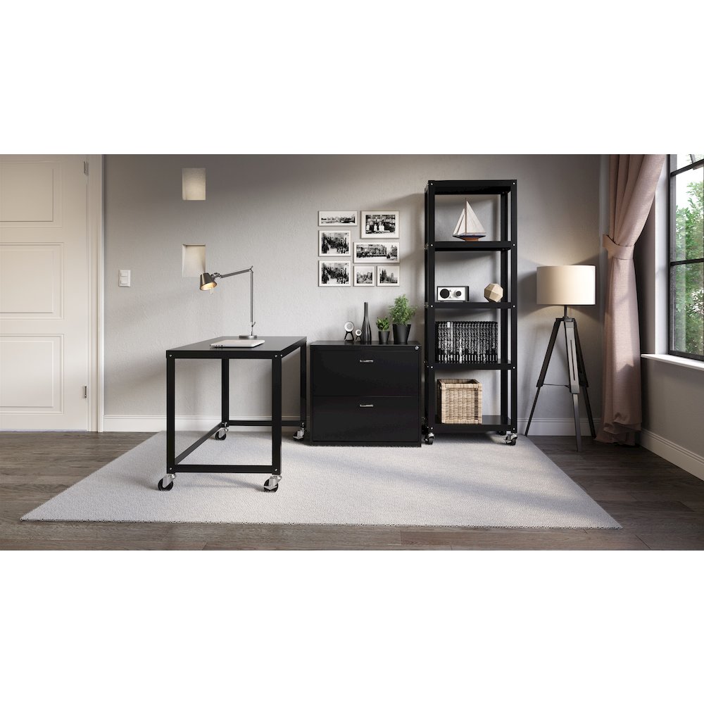 Space Solutions 72" High Rolling 5 Shelf Bookcase, Industrial Metal, Black. Picture 12