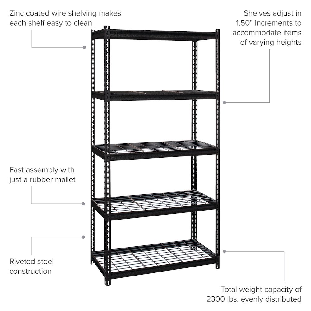 Iron Horse 2300 Riveted Wire Deck Shelving 5-Shelf, 18Dx36Wx72H, Black. Picture 1