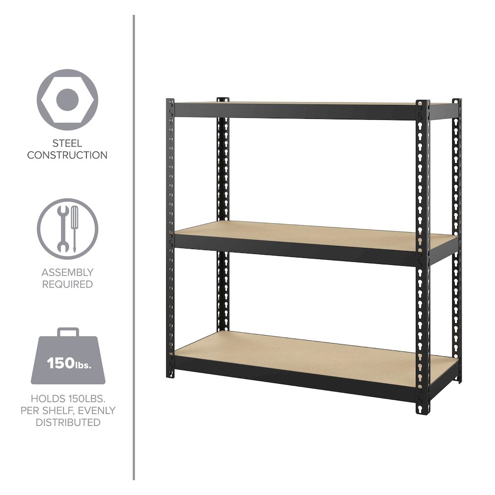 Space Solutions 1000 Riveted Steel Shelving 3-Shelf Unit, 12D x 30W x 30H, Black. Picture 2