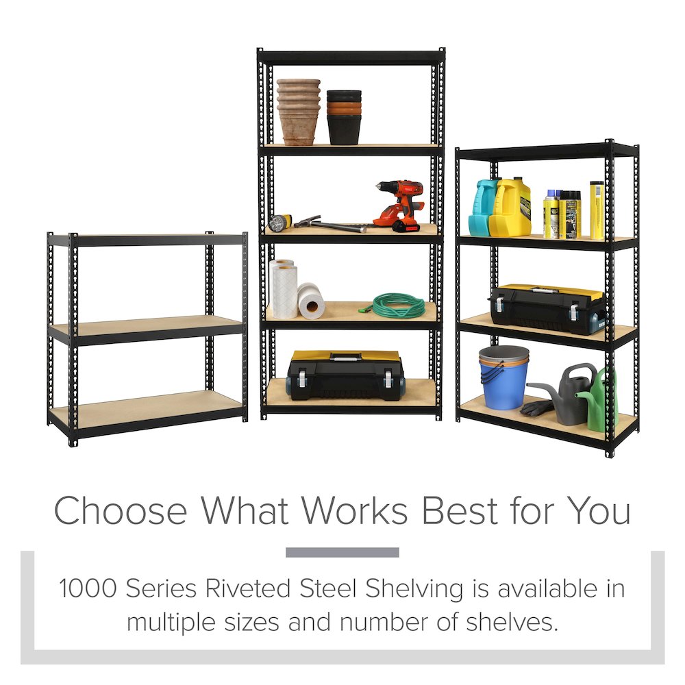 Space Solutions 1000 Riveted Steel Shelving 3-Shelf Unit, 12D x 30W x 30H, Black. Picture 6