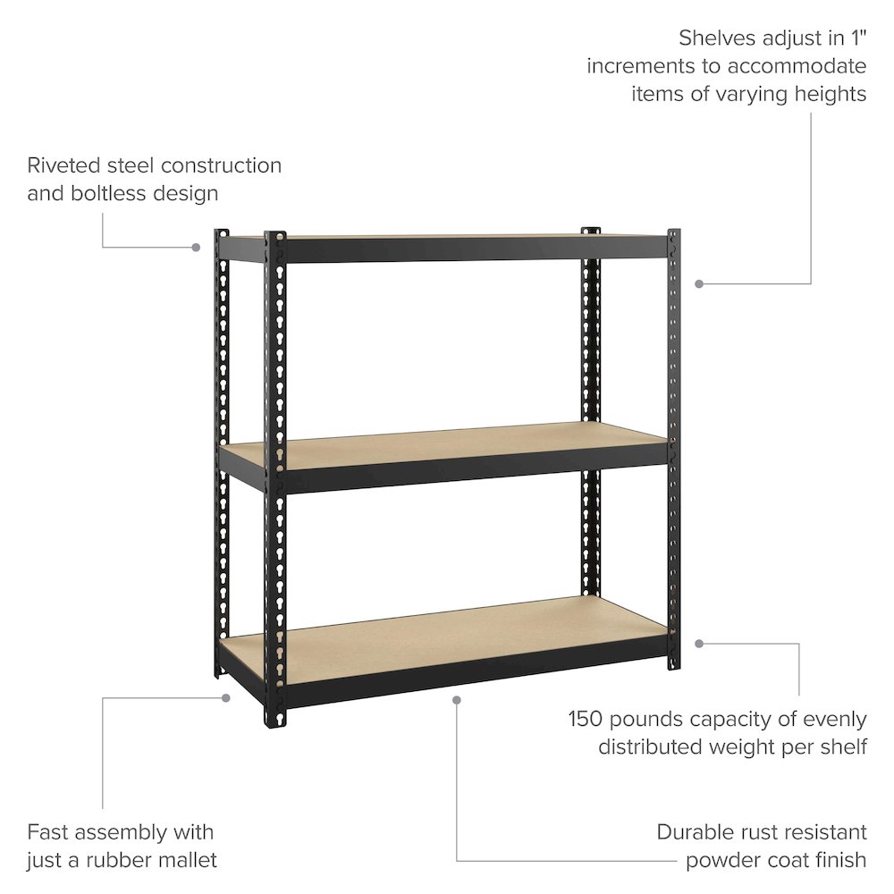 Space Solutions 1000 Riveted Steel Shelving 3-Shelf Unit, 12D x 30W x 30H, Black. Picture 9