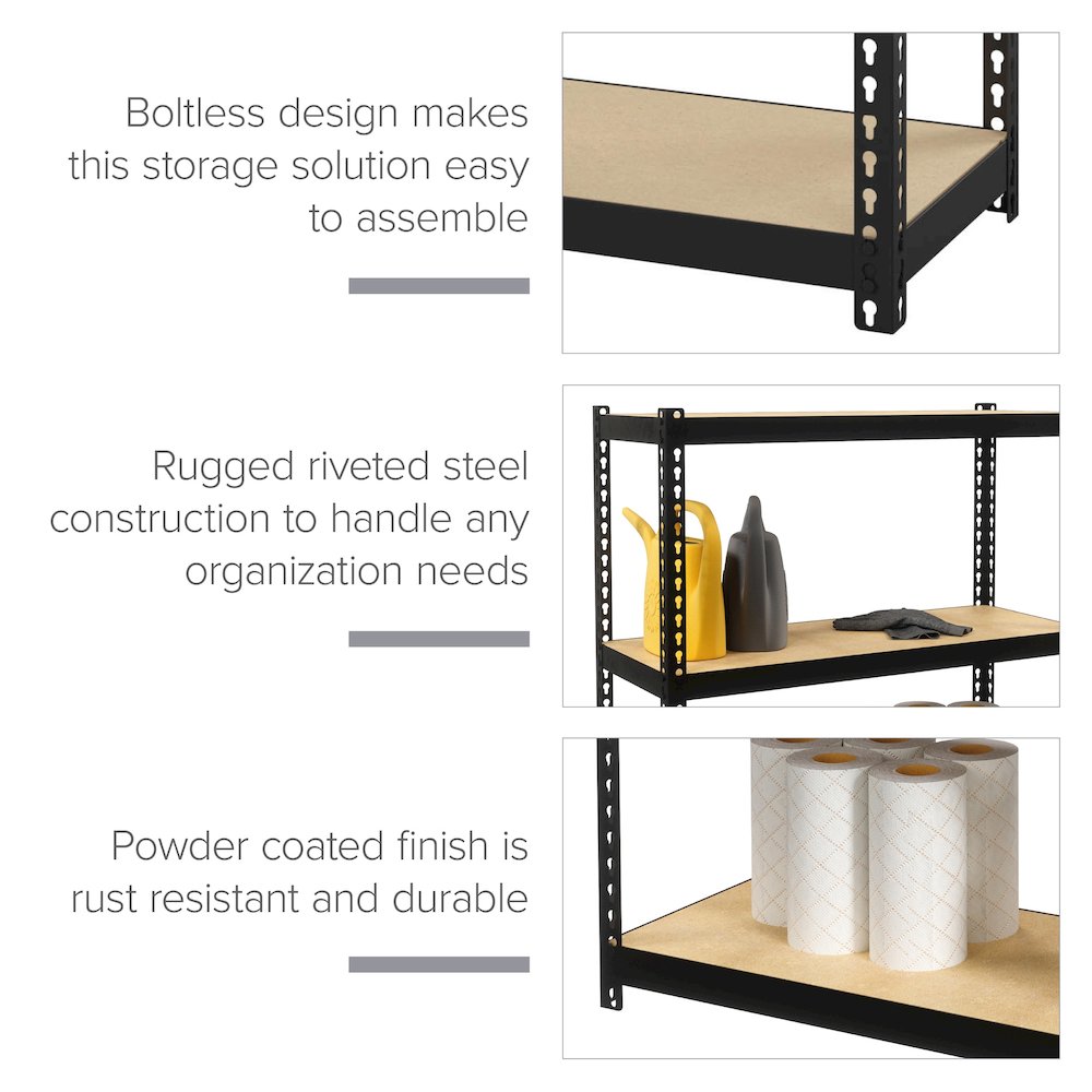 Space Solutions 1000 Riveted Steel Shelving 3-Shelf Unit, 12D x 30W x 30H, Black. Picture 10