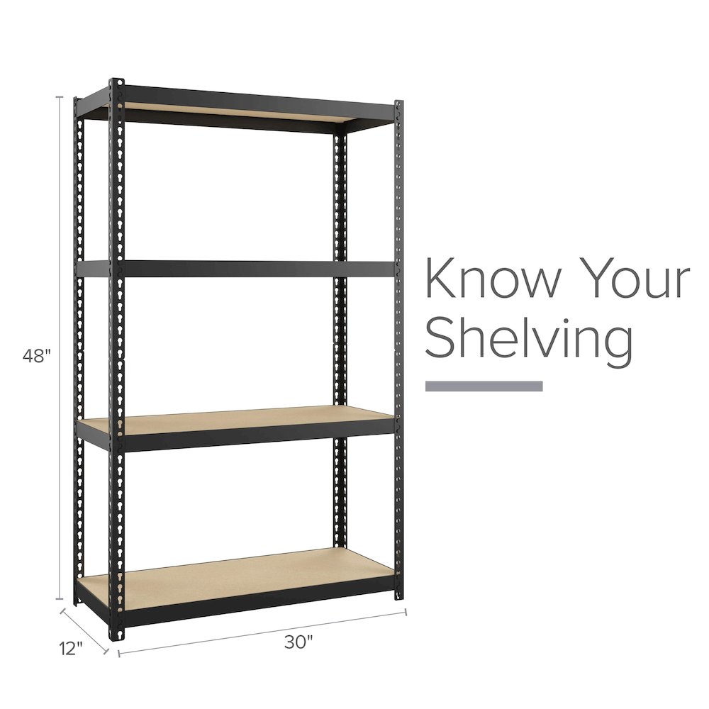 Space Solutions 1000 Riveted Steel Shelving 4-Shelf Unit, 12D x 30W x 48H, Black. Picture 7