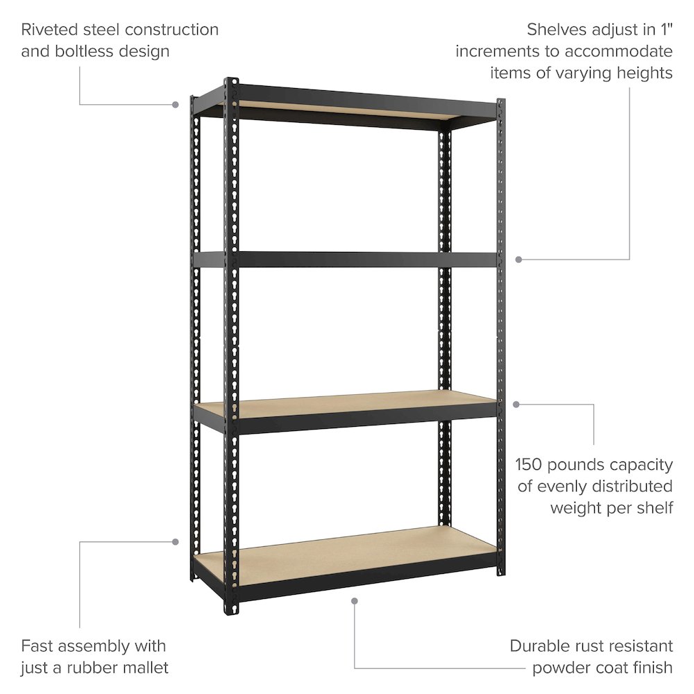 Space Solutions 1000 Riveted Steel Shelving 4-Shelf Unit, 12D x 30W x 48H, Black. Picture 9