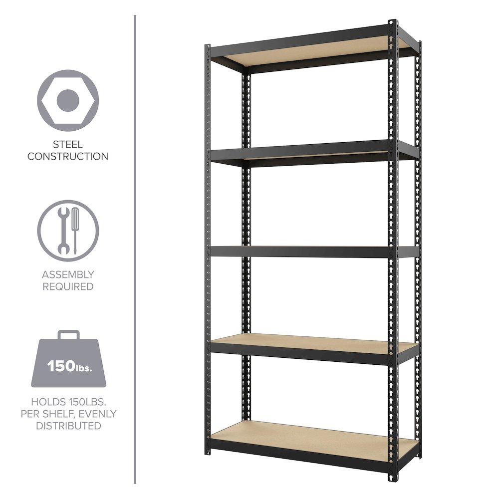 Space Solutions 1000 Riveted Steel Shelving 5-Shelf Unit, 12D x 30W x 60H, Black. Picture 3