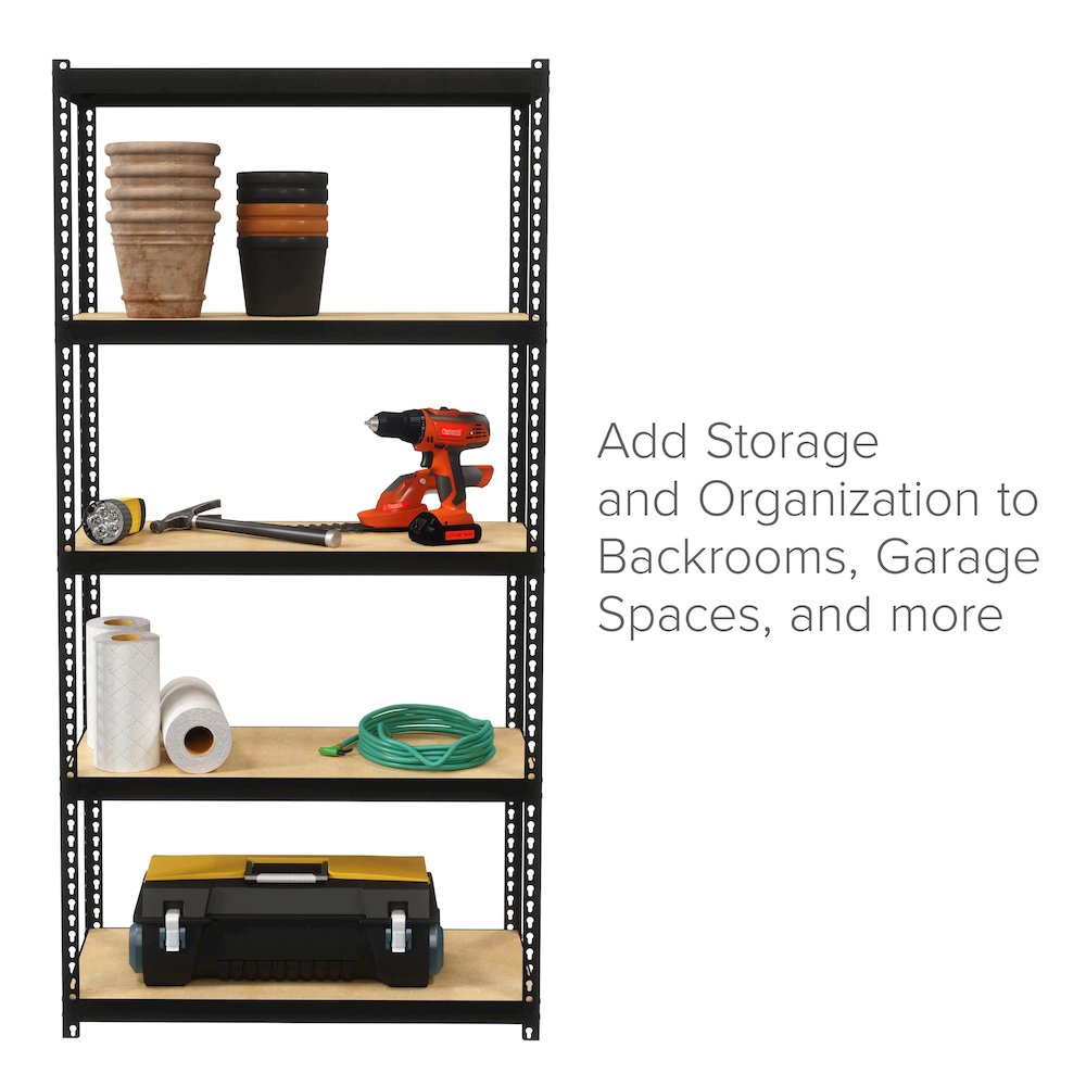 Space Solutions 1000 Riveted Steel Shelving 5-Shelf Unit, 12D x 30W x 60H, Black. Picture 2