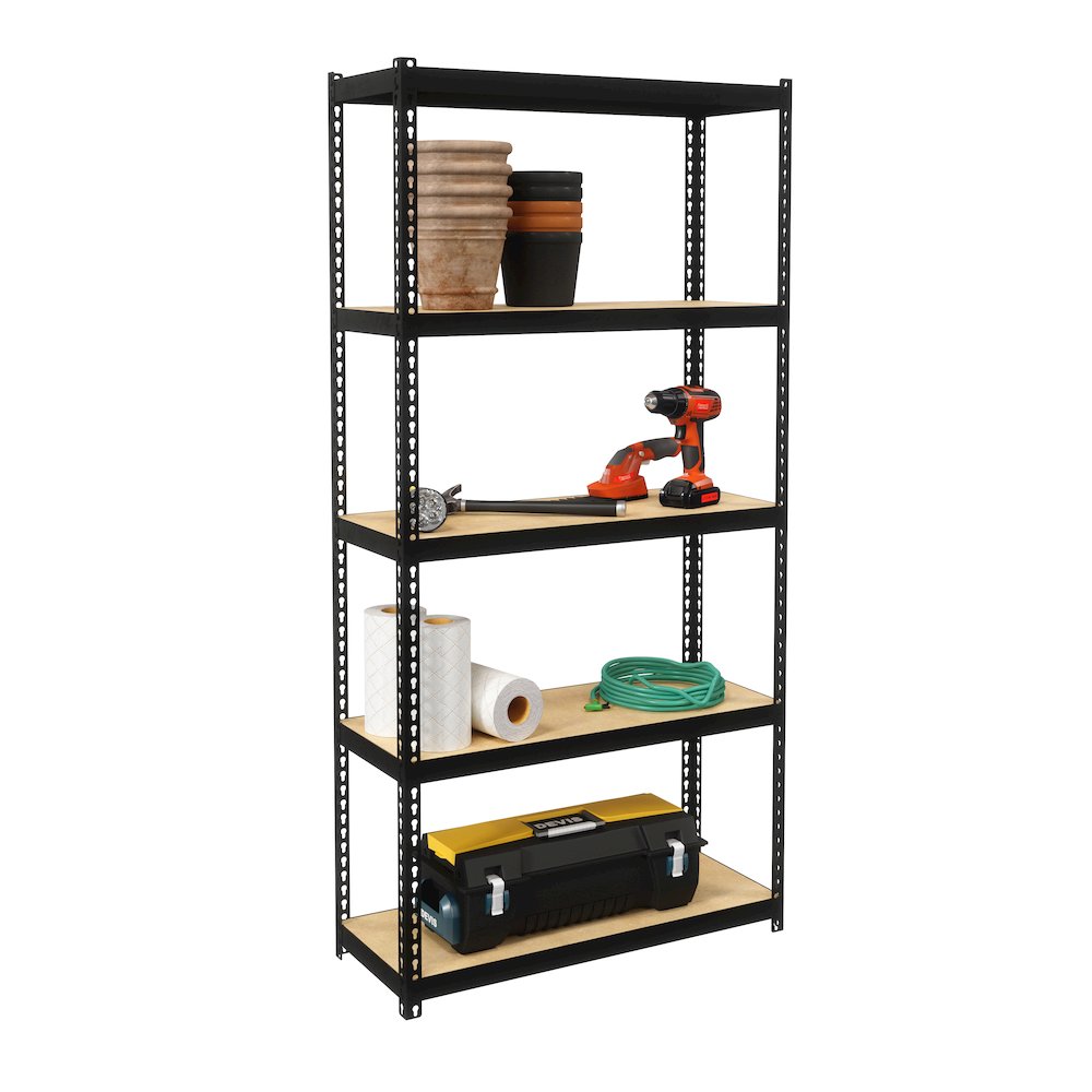 Space Solutions 1000 Riveted Steel Shelving 5-Shelf Unit, 12D x 30W x 60H, Black. Picture 4