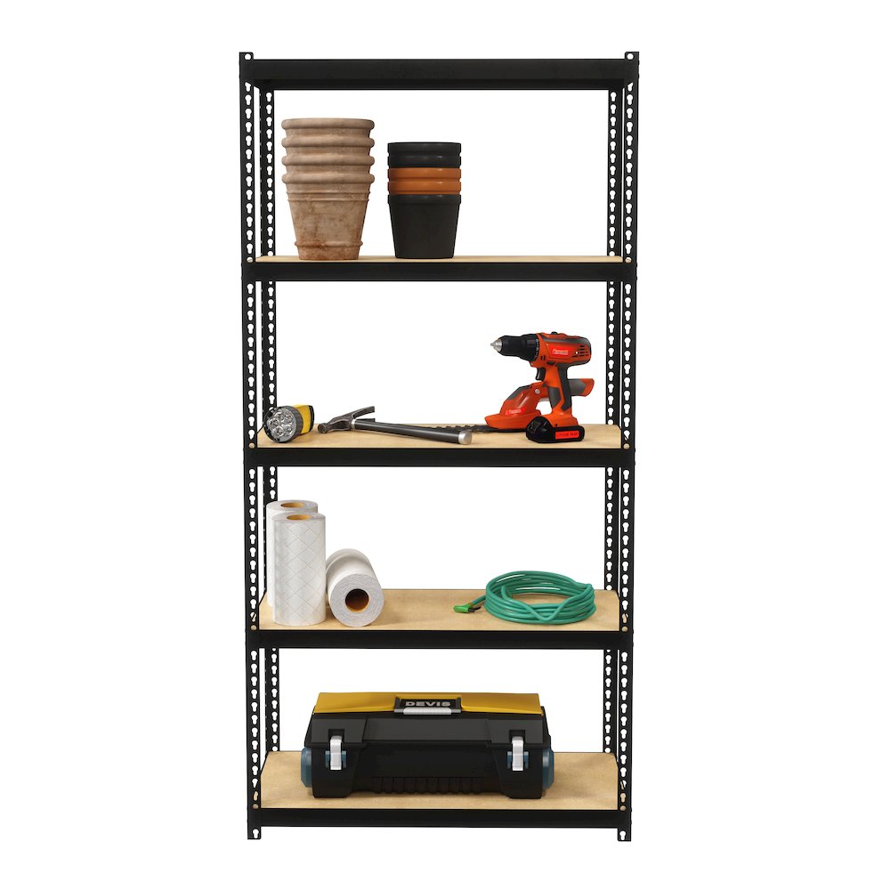 Space Solutions 1000 Riveted Steel Shelving 5-Shelf Unit, 12D x 30W x 60H, Black. Picture 5