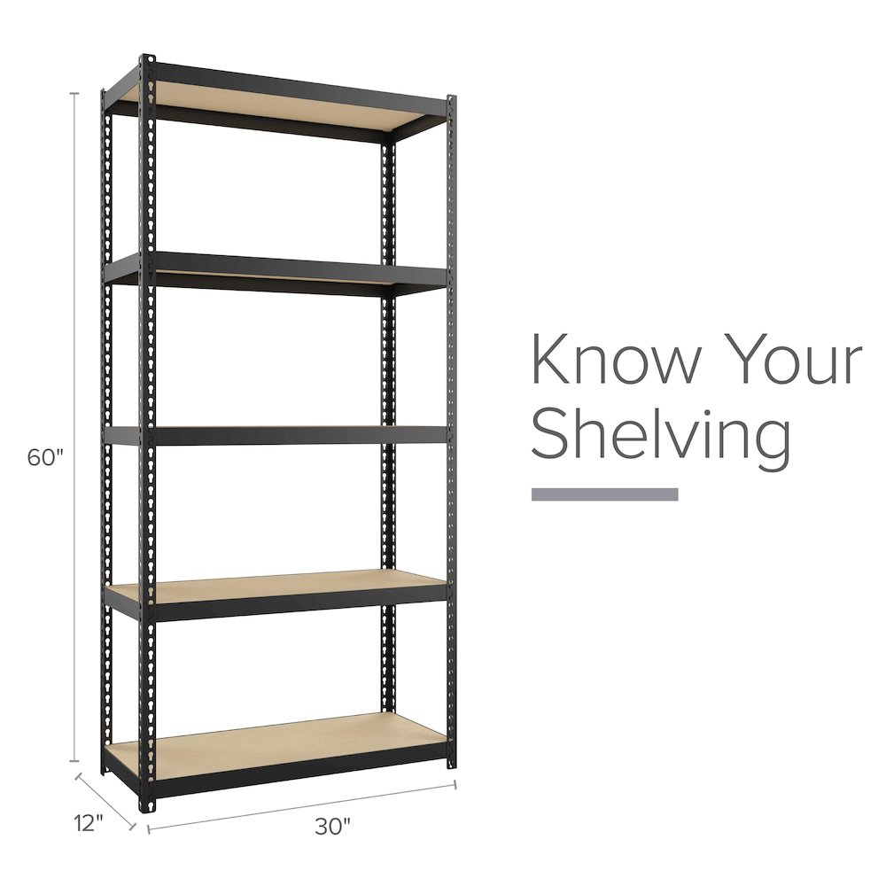 Space Solutions 1000 Riveted Steel Shelving 5-Shelf Unit, 12D x 30W x 60H, Black. Picture 1