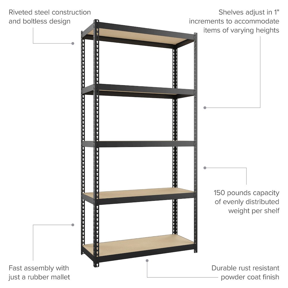 Space Solutions 1000 Riveted Steel Shelving 5-Shelf Unit, 12D x 30W x 60H, Black. Picture 8