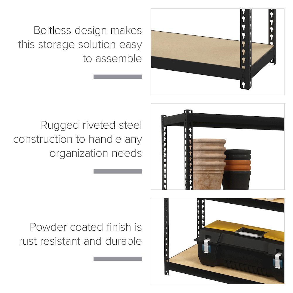 Space Solutions 1000 Riveted Steel Shelving 5-Shelf Unit, 12D x 30W x 60H, Black. Picture 10