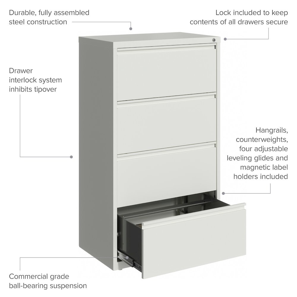 Hirsh 30 Inch Wide 4 Drawer Metal Lateral File Cabinet, White. Picture 9