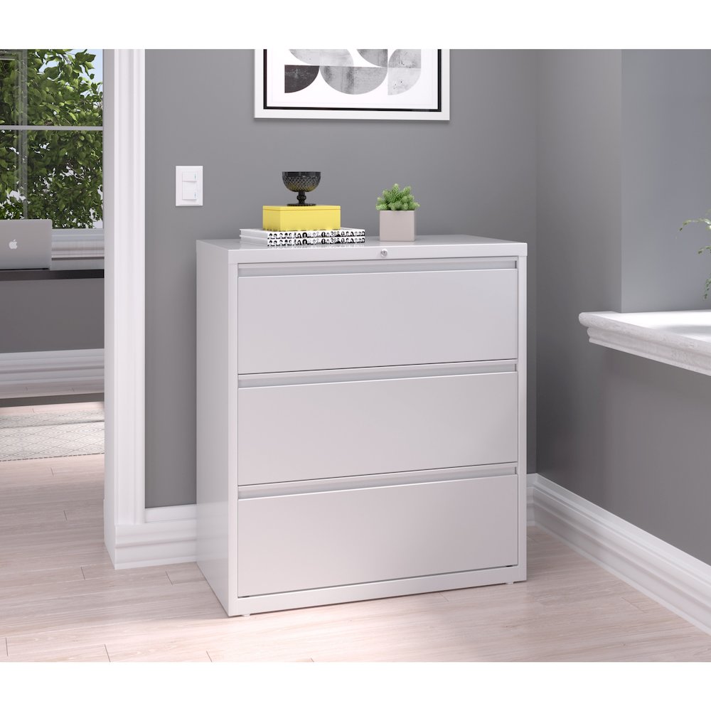 Hirsh 36 Inch Wide 3 Drawer Metal Lateral File Cabinet, White. Picture 5