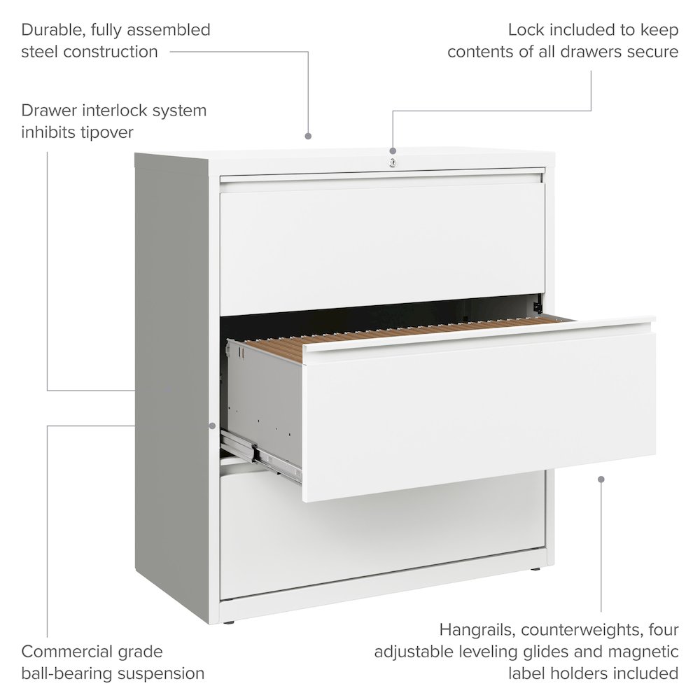 Hirsh 36 Inch Wide 3 Drawer Metal Lateral File Cabinet, White. Picture 9