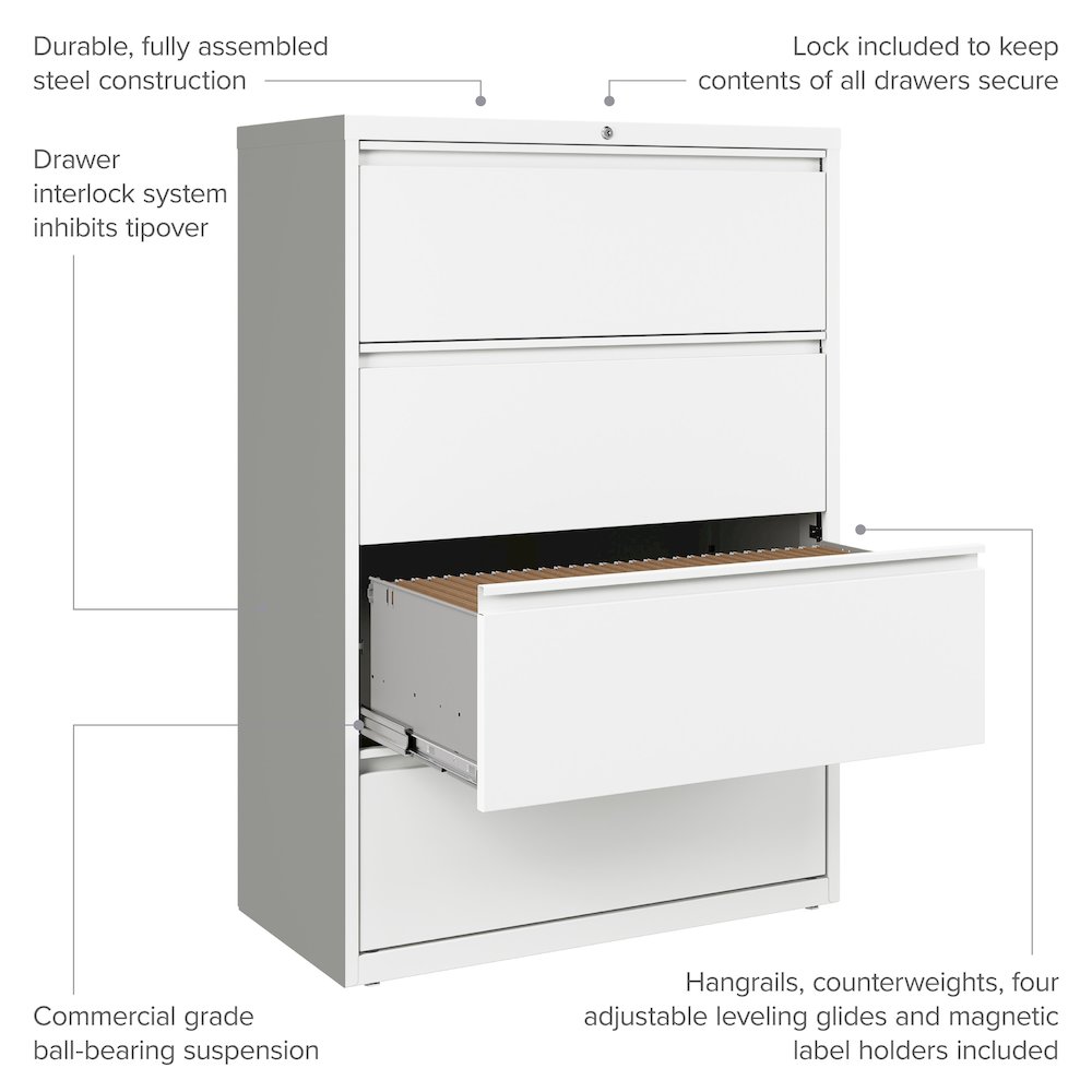 Hirsh 36 Inch Wide 4 Drawer Metal Lateral File Cabinet, White. Picture 10