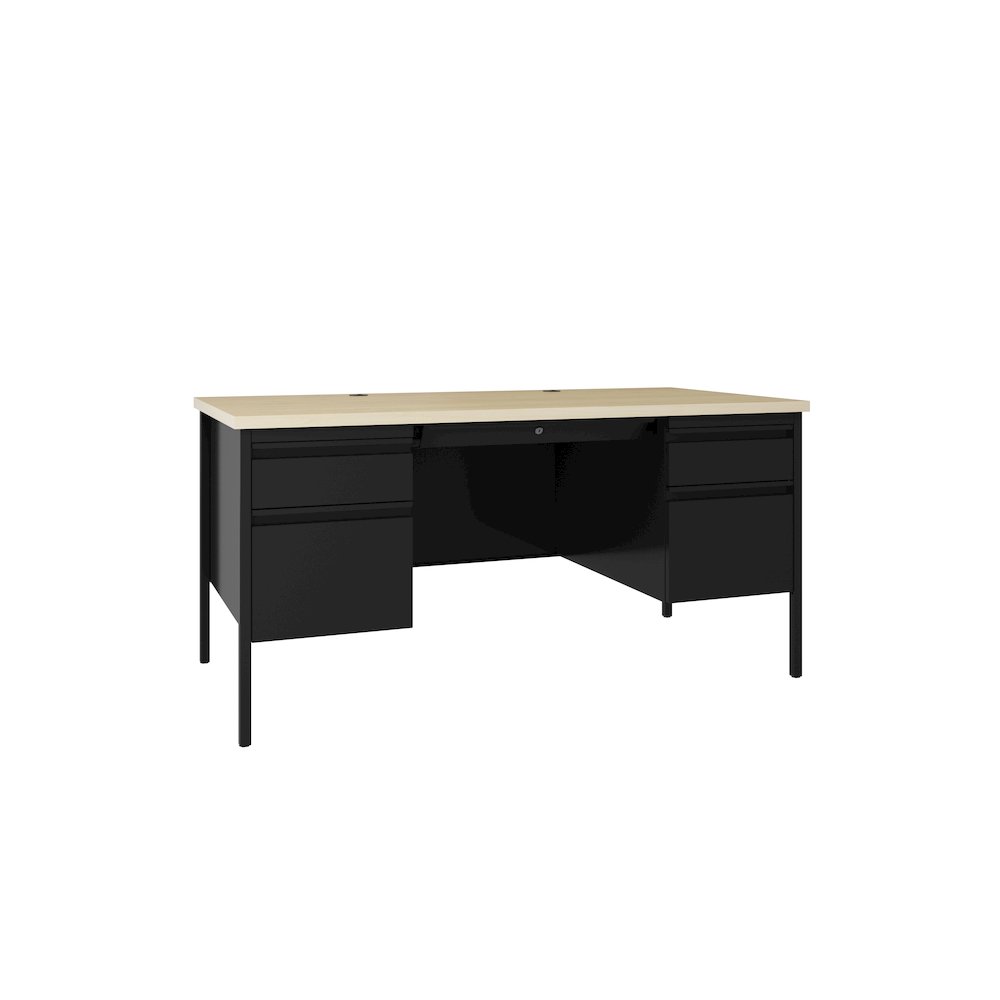 Hirsh Double Pedestal Office Desk Center Drawer 30" Dx60" W, Black/Maple. Picture 1