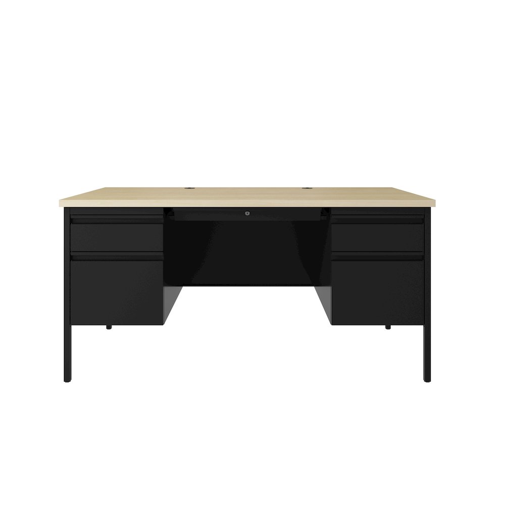 Hirsh Double Pedestal Office Desk Center Drawer 30" Dx60" W, Black/Maple. Picture 3