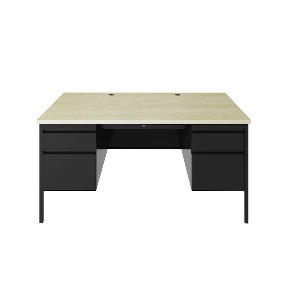 Hirsh Double Pedestal Office Desk Center Drawer 30" Dx60" W, Black/Maple. Picture 4