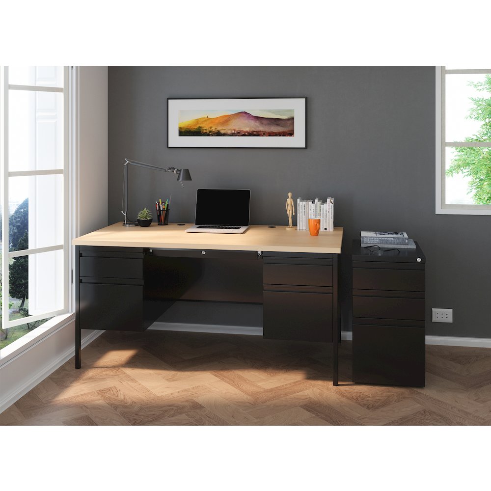 Hirsh Double Pedestal Office Desk Center Drawer 30" Dx60" W, Black/Maple. Picture 5