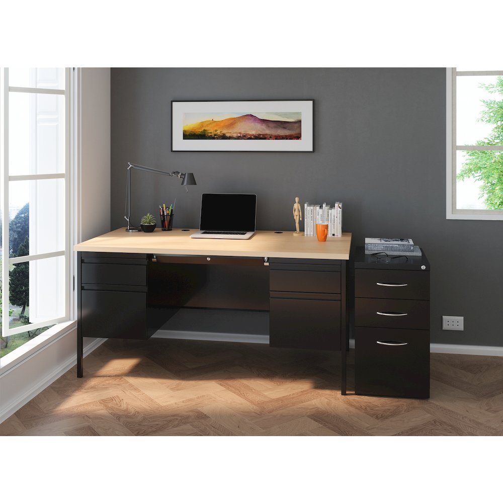 Hirsh Double Pedestal Office Desk Center Drawer 30" Dx60" W, Black/Maple. Picture 6