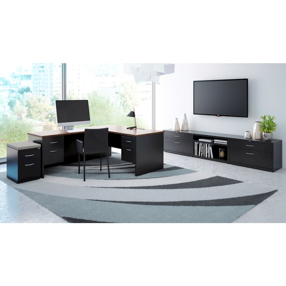 Hirsh Modular Right-Hand File Office Desk, Arch Pull, 36" Dx72" W, Black/Walnut. Picture 7