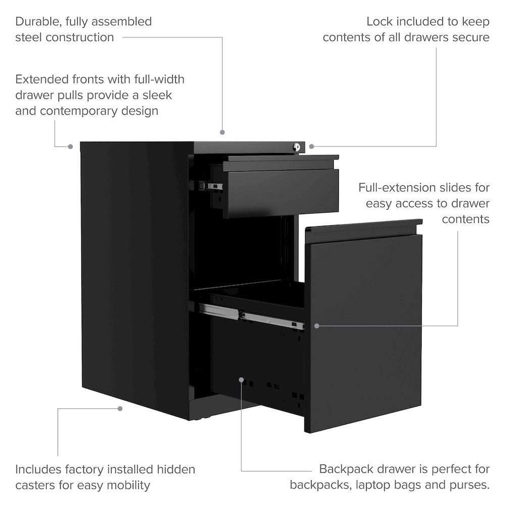Hirsh 20" Deep Mobile File Cabinet 2 Drawer with XL Backpack Drawer, Black. Picture 10