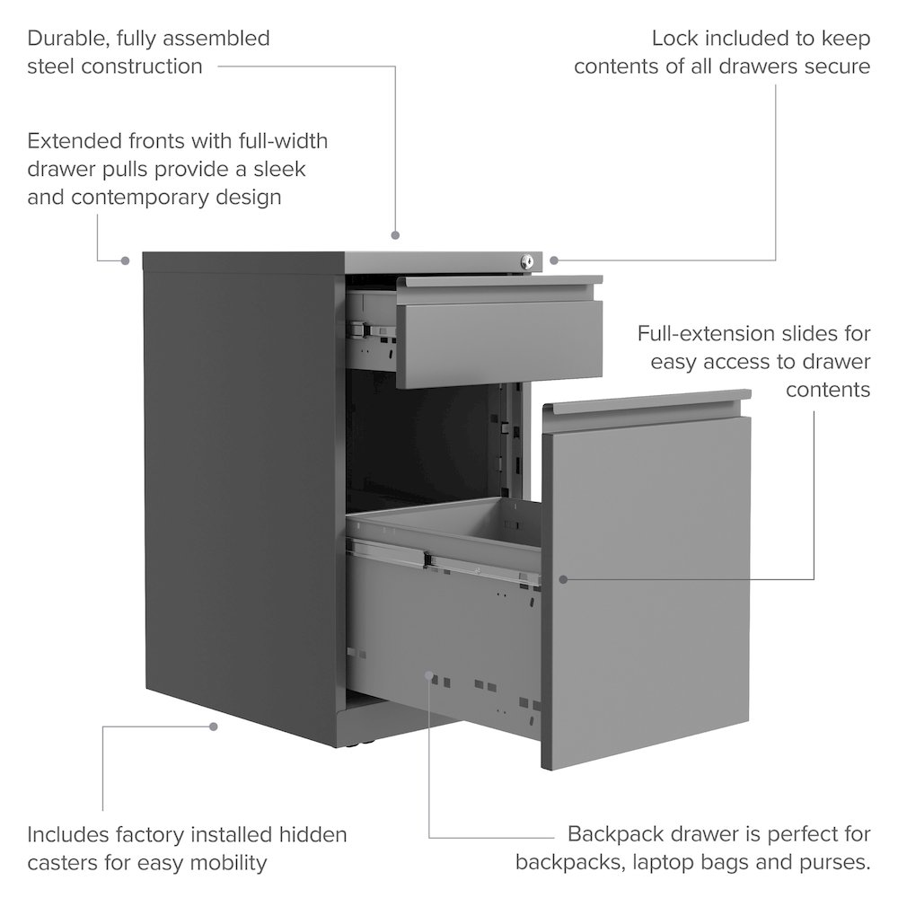 Hirsh 20" Deep Mobile File Cabinet 2 Drawer XL Backpack Drawer, Arctic Silver. Picture 12