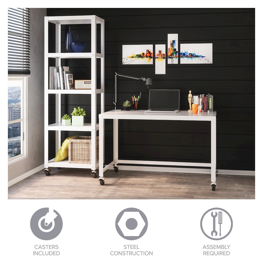 Hirsh Ready-to-Assemble 48-inch Wide Mobile Metal Desk for Home Office, White. Picture 21