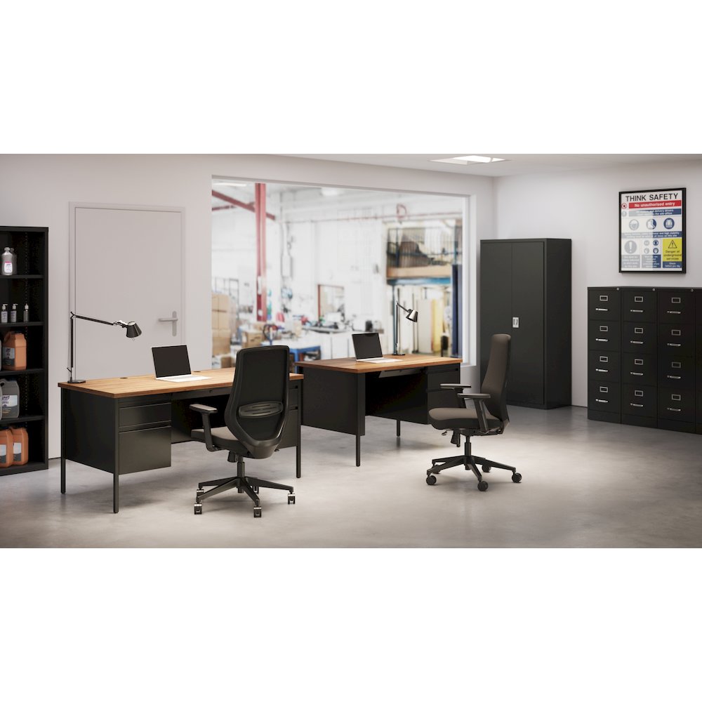 Hirsh Double Pedestal Office Desk Center Drawer 30" Dx60" W, Black/Walnut. Picture 17