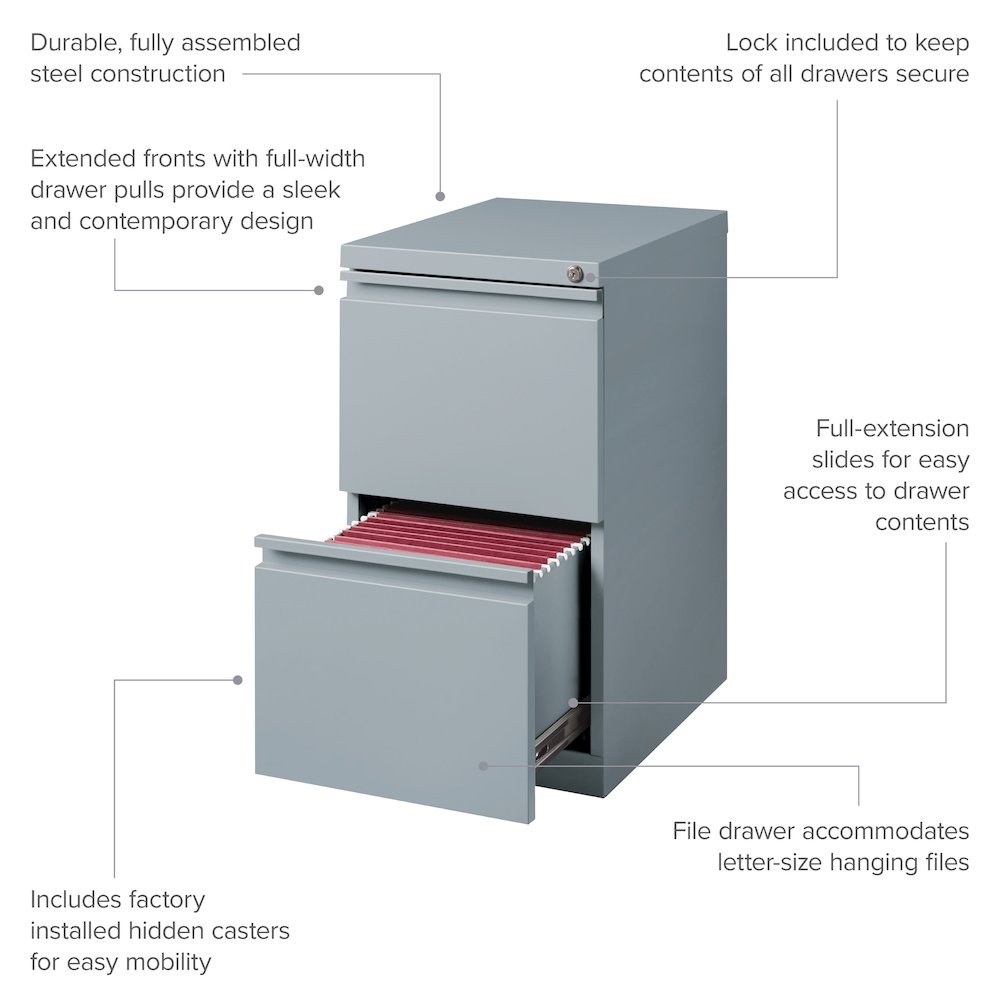 Hirsh 20" Deep Mobile Pedestal File Cabinet 2 Drawer File-File, Platinum. Picture 10