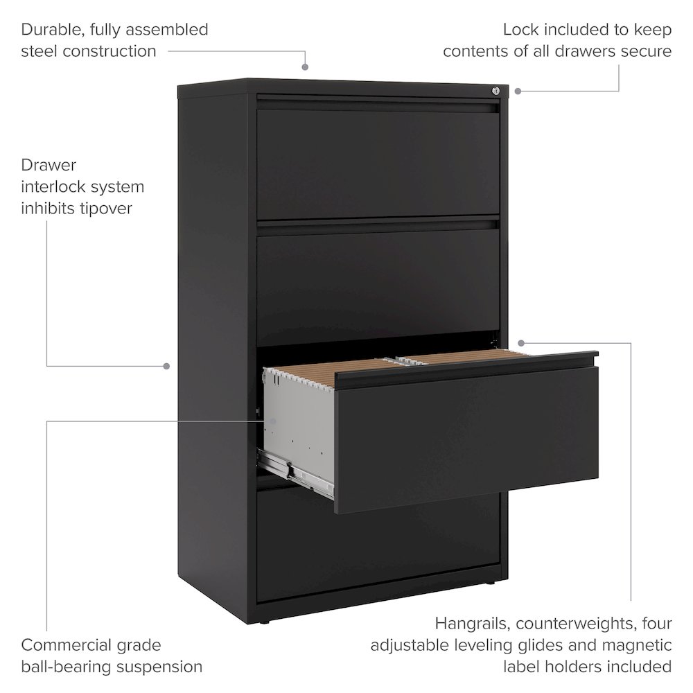 Hirsh 30 Inch Wide 4 Drawer Metal Lateral File Cabinet, Black. Picture 11