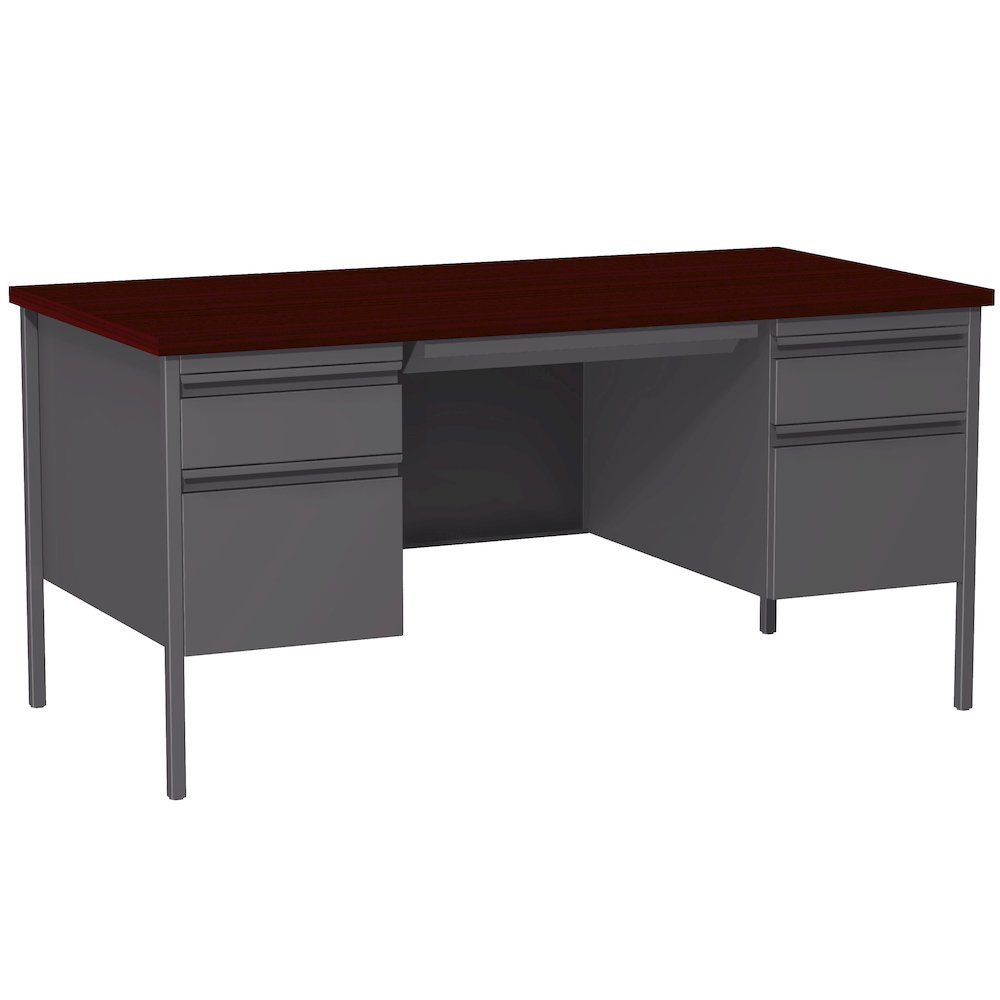 Hirsh Double Pedestal Office Desk Center Drawer 30" Dx60" W, Charcoal/Mahogany. Picture 1