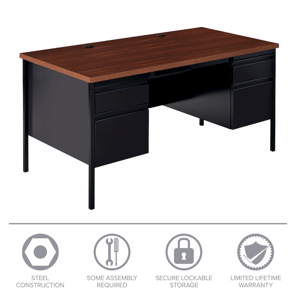 Hirsh Double Pedestal Office Desk Center Drawer 30" Dx60" W, Black/Walnut. Picture 29