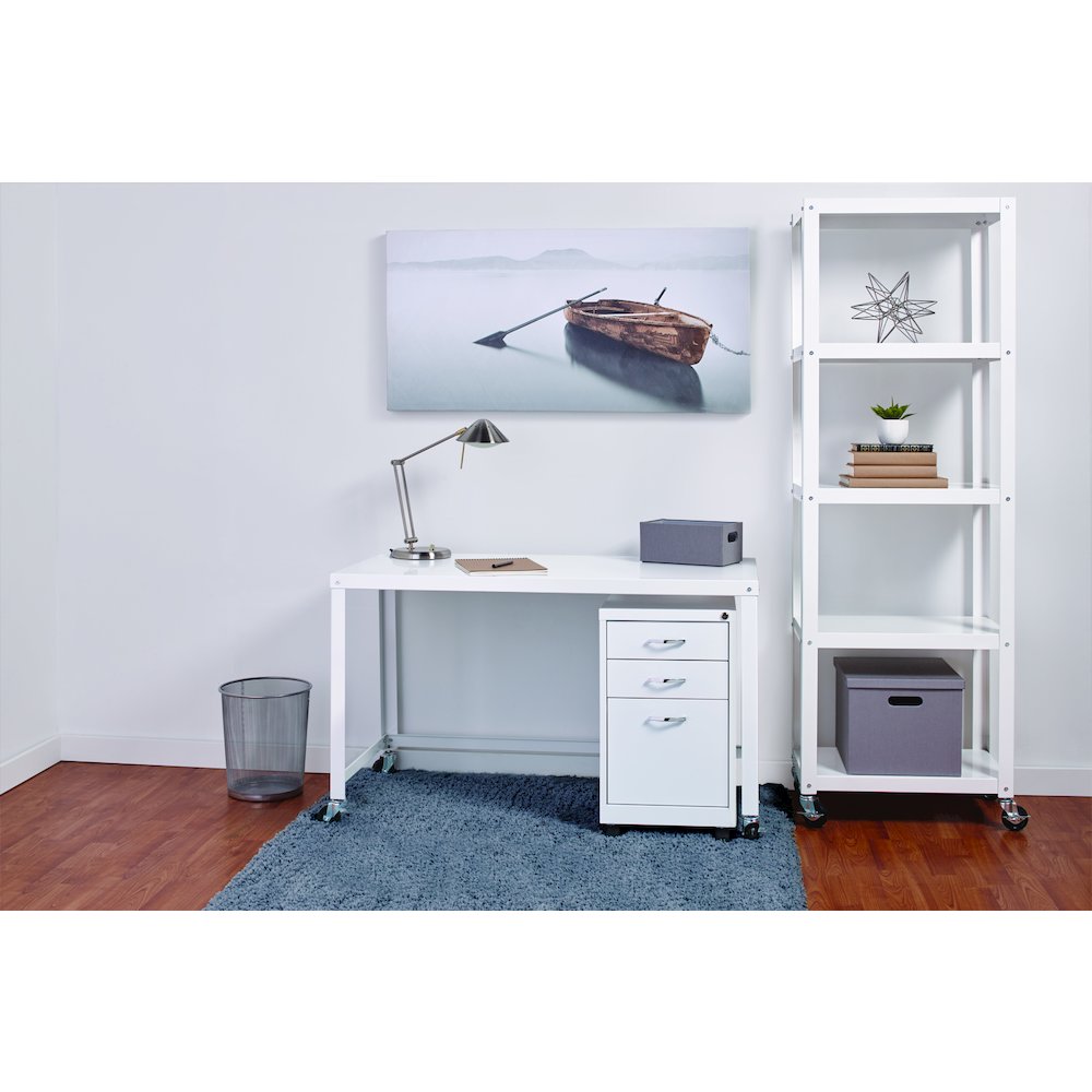 Space Solutions 72" High Rolling 5 Shelf Bookcase, Industrial Metal, White. Picture 12