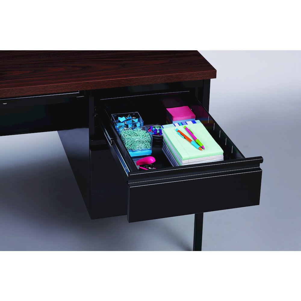 Hirsh Double Pedestal Office Desk Center Drawer 30" Dx60" W, Black/Walnut. Picture 6