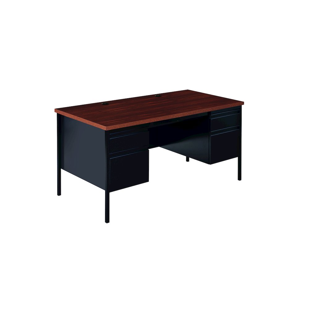 Hirsh Double Pedestal Office Desk Center Drawer 30" Dx60" W, Black/Walnut. Picture 1