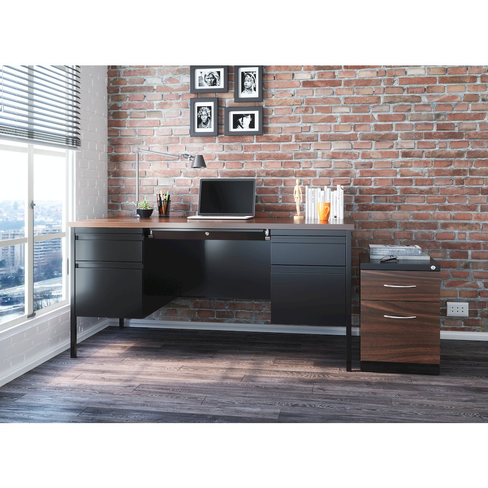 Hirsh Double Pedestal Office Desk Center Drawer 30" Dx60" W, Black/Walnut. Picture 19