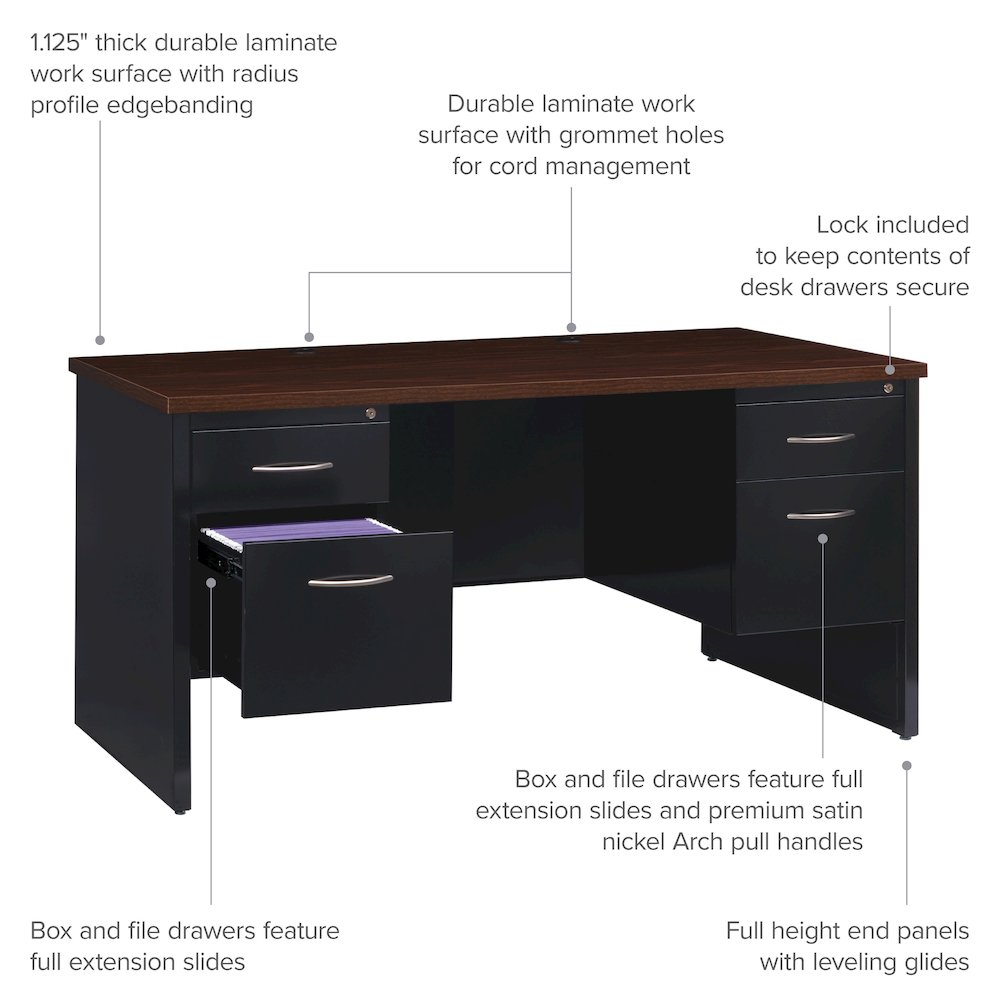 Hirsh Modular Double Pedestal File Office Desk, 30" D x 60" W, Black / Walnut. Picture 10