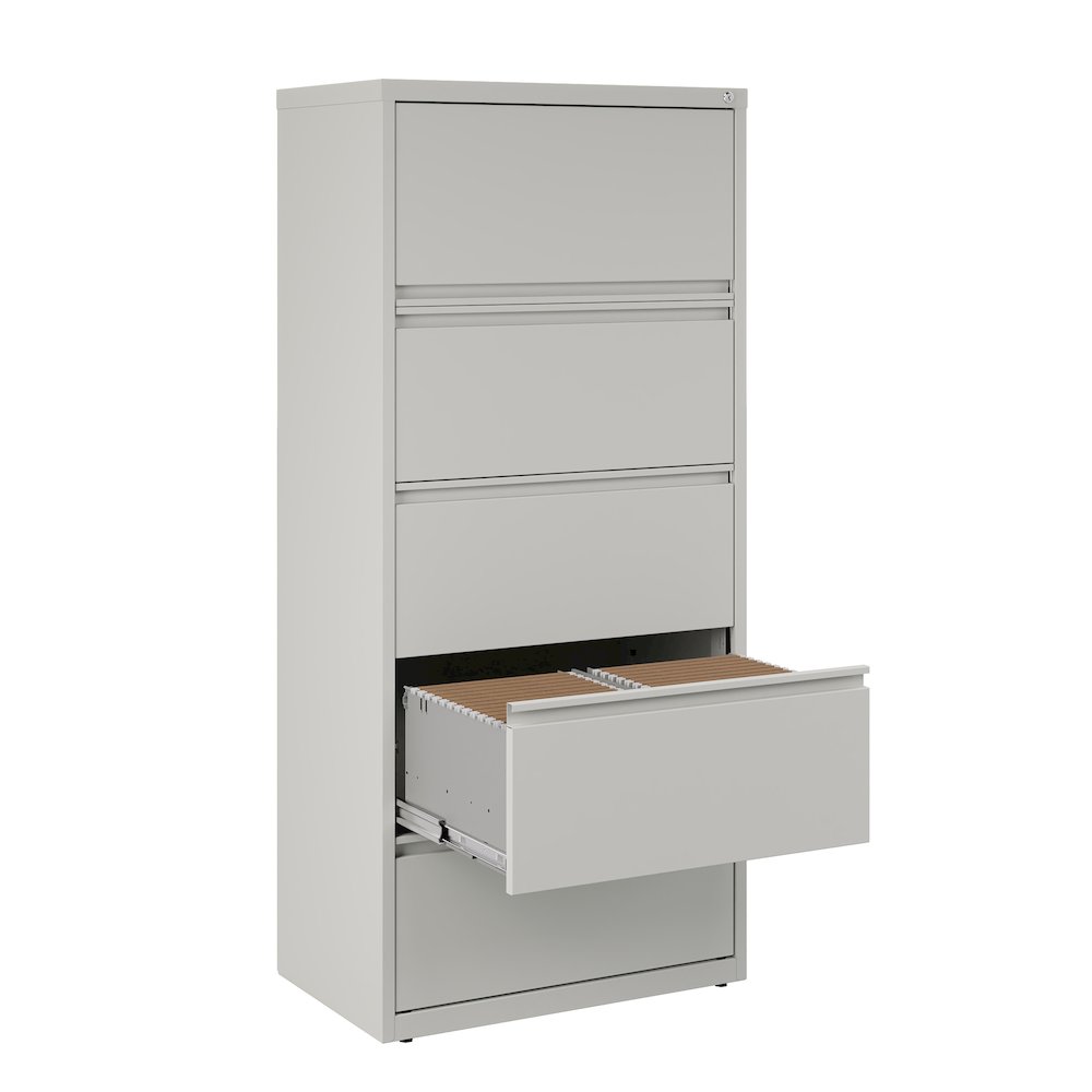 Hirsh 30 inch Wide 5 Drawer Metal Lateral File Cabinet, Light Gray. Picture 6